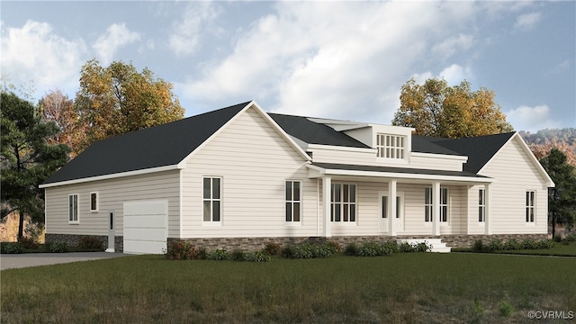 view of front of home featuring a porch, a garage, and a front lawn