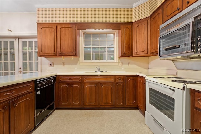 kitchen with sink, black dishwasher, crown molding, and white electric stove