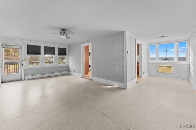 unfurnished living room with ceiling fan, a wall mounted air conditioner, and a baseboard heating unit