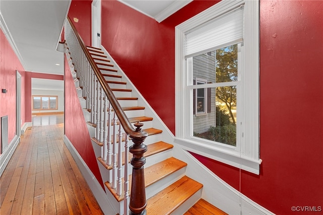 stairway with crown molding and wood-type flooring