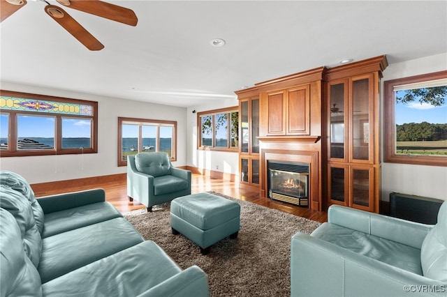 living room with dark hardwood / wood-style flooring and ceiling fan