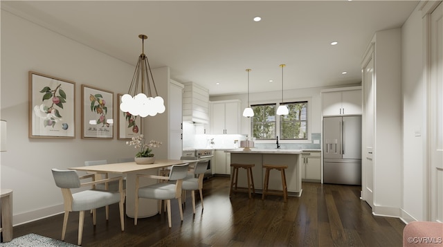 dining room with dark wood-style floors and recessed lighting
