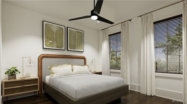 bedroom featuring wood finished floors, recessed lighting, ceiling fan, and baseboards