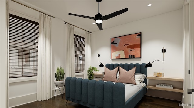 bedroom with wood finished floors, recessed lighting, and ceiling fan