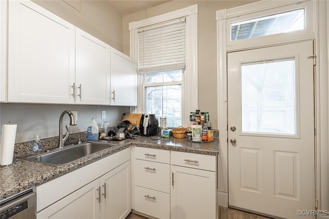 kitchen featuring hardwood / wood-style floors, white cabinetry, sink, and stainless steel dishwasher