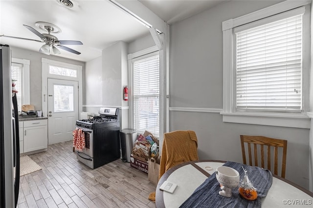 kitchen with white cabinets, a wealth of natural light, appliances with stainless steel finishes, and light hardwood / wood-style flooring