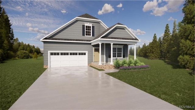 view of front of property with a porch, a front lawn, and a garage