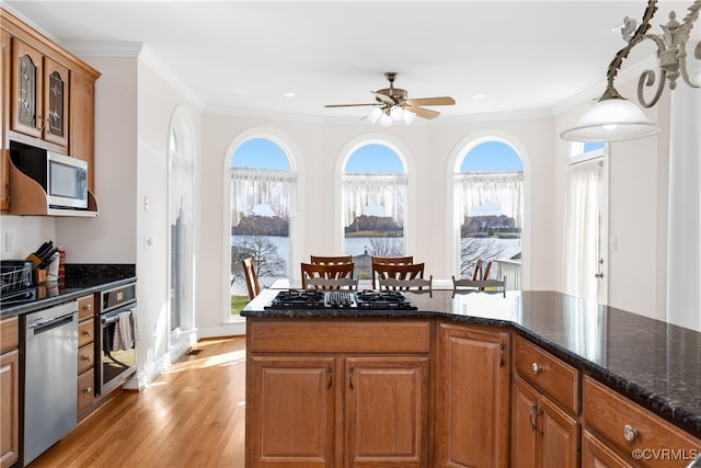 kitchen featuring a healthy amount of sunlight, a water view, stainless steel appliances, and light hardwood / wood-style flooring