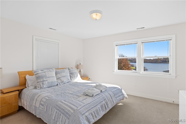 carpeted bedroom featuring a water view