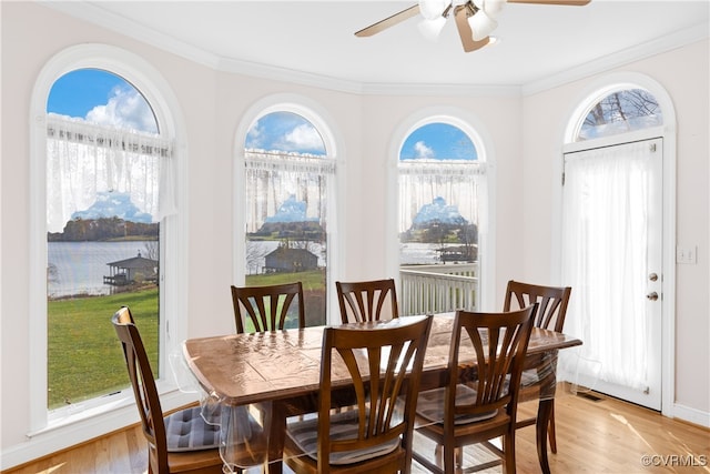 dining area featuring ceiling fan, a water view, light wood-type flooring, and crown molding