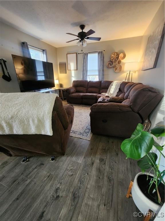 living room featuring ceiling fan and dark hardwood / wood-style floors