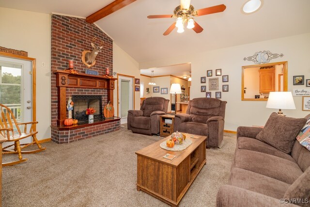 3548 Nutbush Rd, Victoria, VA 23974 - living area featuring carpet, ceiling fan, a brick fireplace, and baseboards