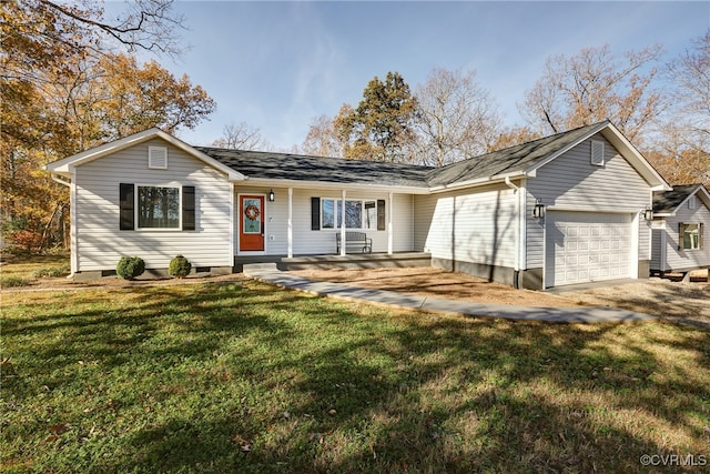 single story home with a front lawn, a porch, and a garage