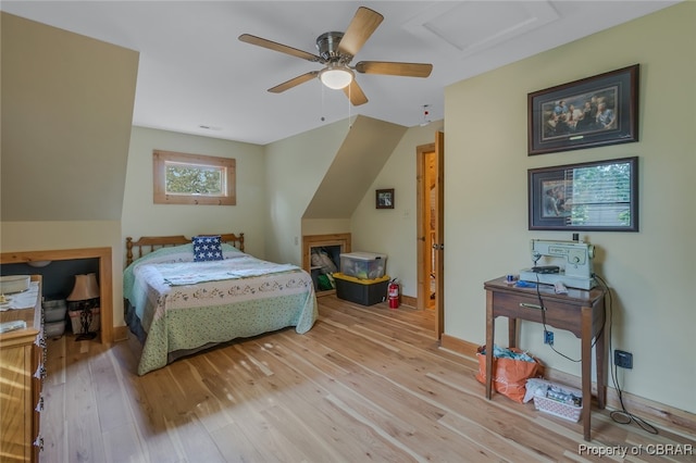 bedroom featuring ceiling fan and light wood-type flooring