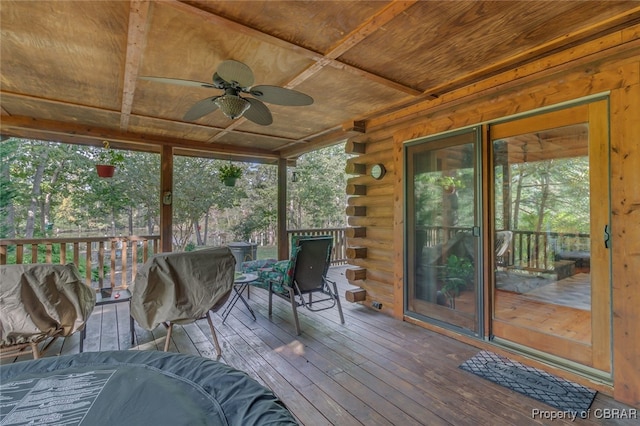 unfurnished sunroom featuring ceiling fan and wood ceiling