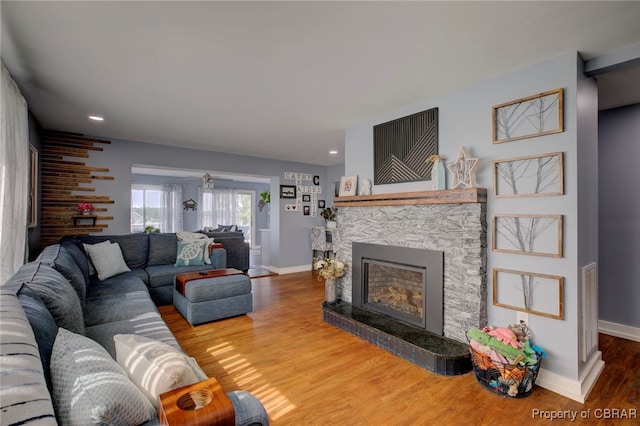 living room with a fireplace and wood-type flooring