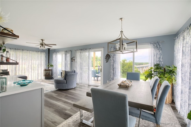 dining area featuring ceiling fan with notable chandelier, a healthy amount of sunlight, and light wood-type flooring