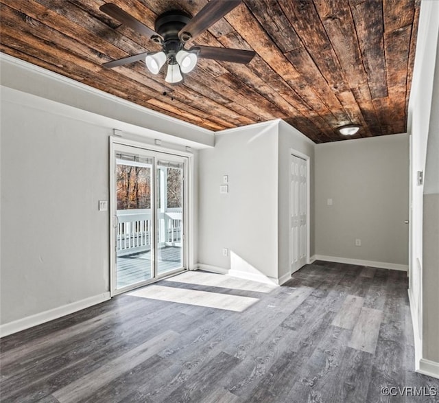 unfurnished room featuring ceiling fan, wooden ceiling, and hardwood / wood-style flooring