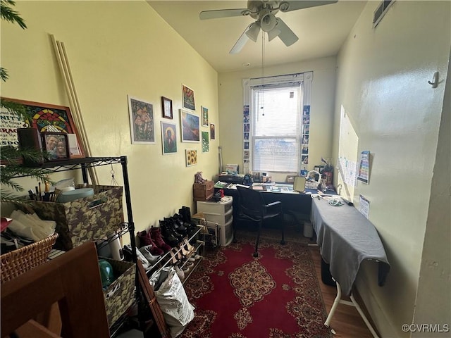 office area featuring hardwood / wood-style flooring and ceiling fan