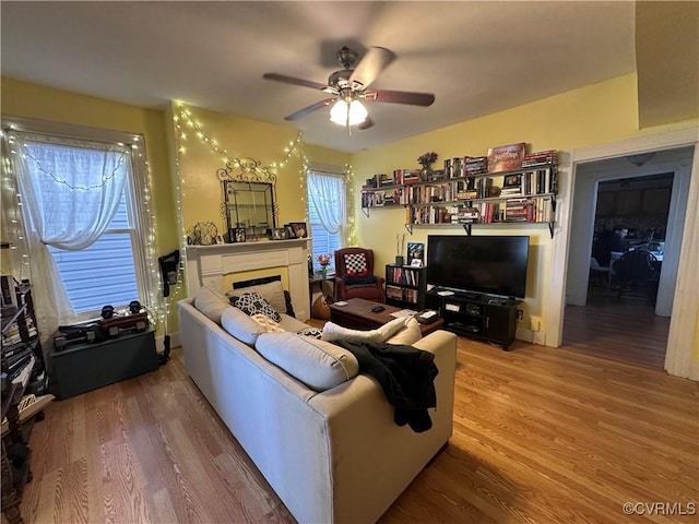 living room with hardwood / wood-style floors and ceiling fan