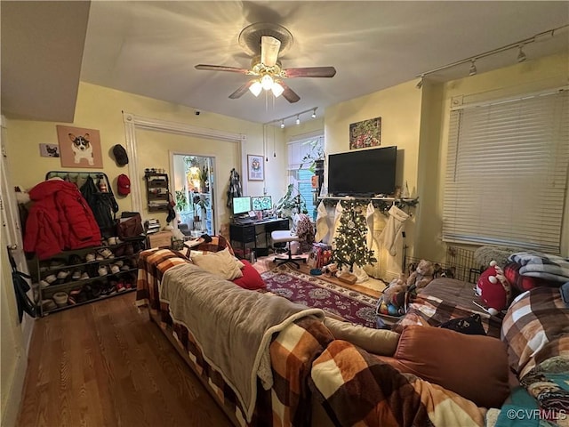 living room featuring ceiling fan and dark hardwood / wood-style flooring