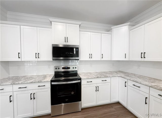 2047 Swiss Ln, Hayes, VA 23072 - kitchen featuring appliances with stainless steel finishes, white cabinetry, decorative backsplash, dark wood-style flooring, and light stone countertops