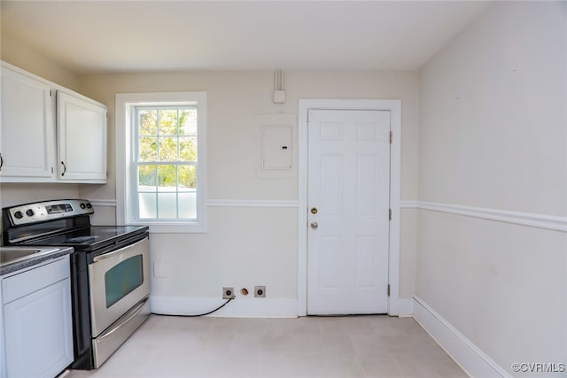 kitchen with electric panel, white cabinetry, and stainless steel range with electric stovetop