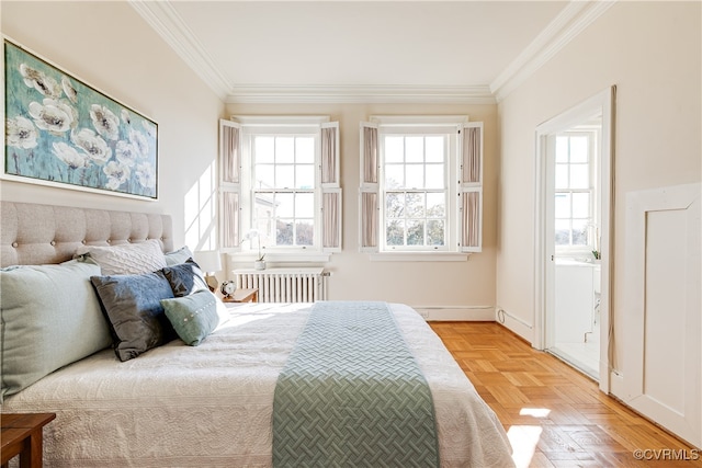 bedroom with radiator heating unit, ornamental molding, parquet floors, and a baseboard heating unit