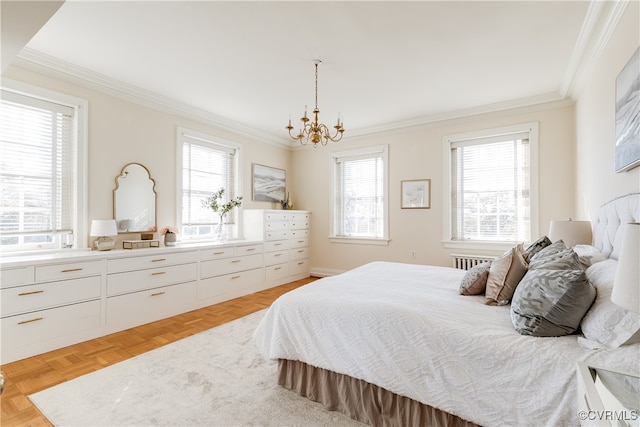 bedroom featuring an inviting chandelier, crown molding, and light parquet floors