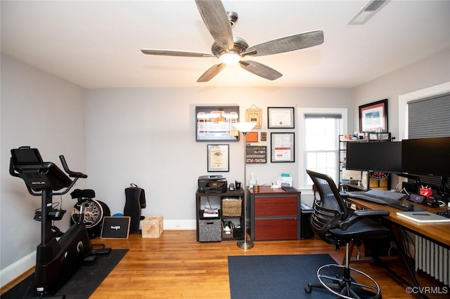 office area featuring ceiling fan and hardwood / wood-style floors