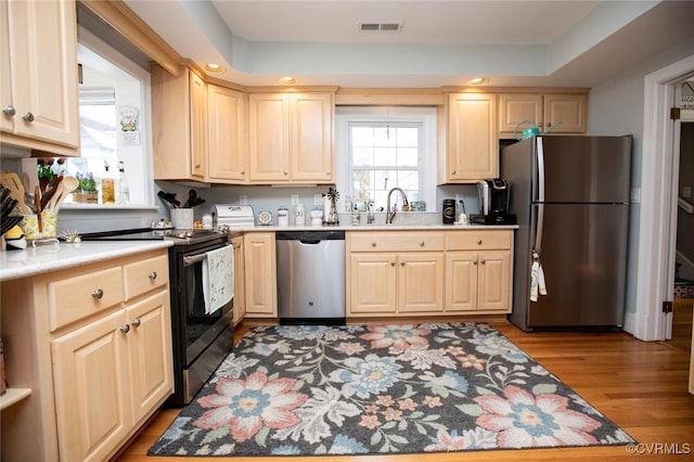 kitchen featuring stainless steel appliances, light hardwood / wood-style floors, and sink