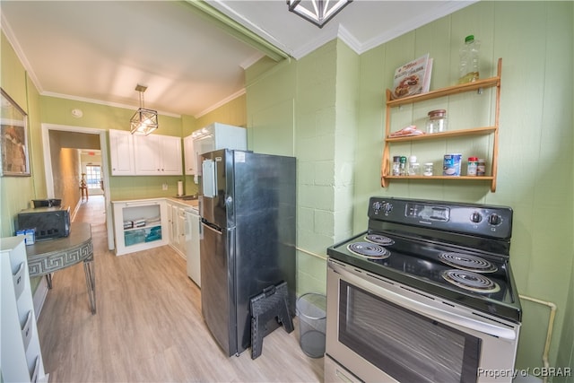 kitchen with black appliances, white cabinets, crown molding, hanging light fixtures, and light wood-type flooring