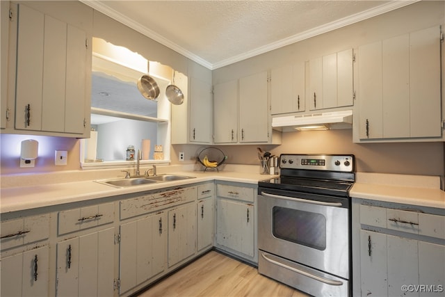 kitchen with sink, light hardwood / wood-style floors, a textured ceiling, stainless steel range with electric stovetop, and ornamental molding