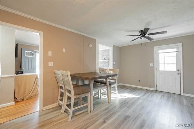 dining space featuring ceiling fan, light hardwood / wood-style floors, ornamental molding, and a textured ceiling