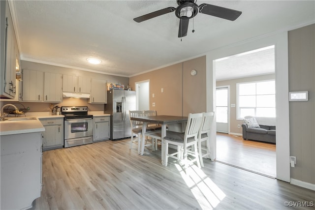 kitchen with crown molding, sink, light hardwood / wood-style flooring, a textured ceiling, and appliances with stainless steel finishes