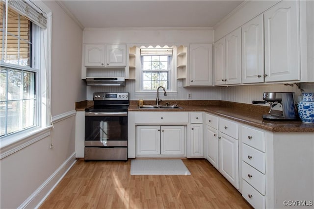 kitchen with white cabinetry, sink, and stainless steel electric range