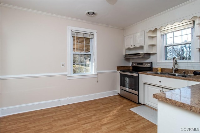 kitchen featuring stainless steel range with electric cooktop, sink, light hardwood / wood-style flooring, ornamental molding, and white cabinetry