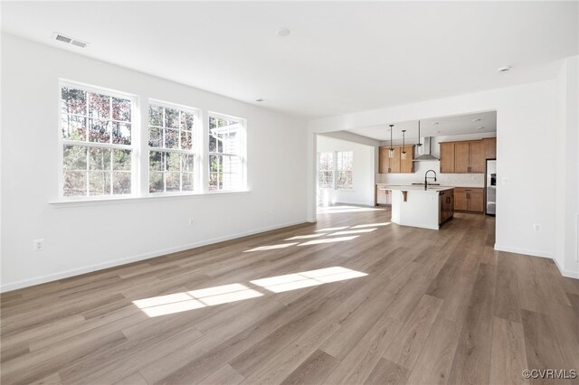 unfurnished living room with light hardwood / wood-style floors and sink