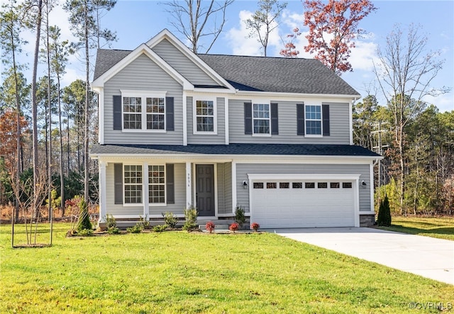 traditional home featuring a garage, driveway, a shingled roof, and a front lawn