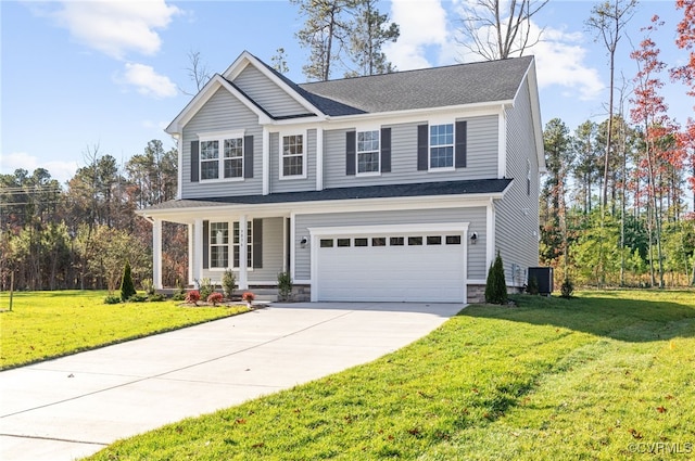 view of property featuring a garage, central air condition unit, and a front yard