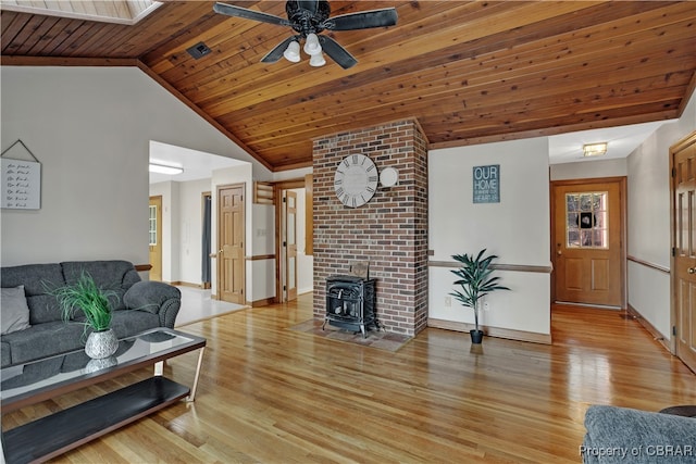 living room featuring vaulted ceiling with skylight, light wood-type flooring, a wood stove, and wood ceiling