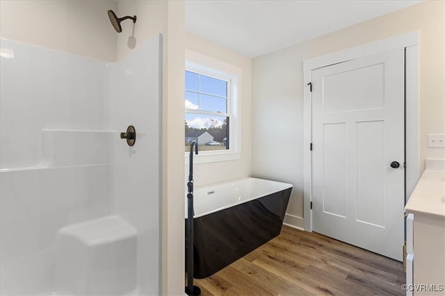 bathroom with vanity, plus walk in shower, and hardwood / wood-style flooring