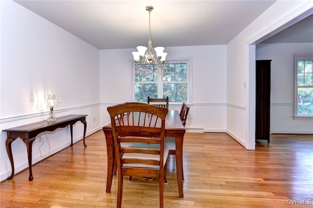 dining area featuring an inviting chandelier, plenty of natural light, and light hardwood / wood-style floors