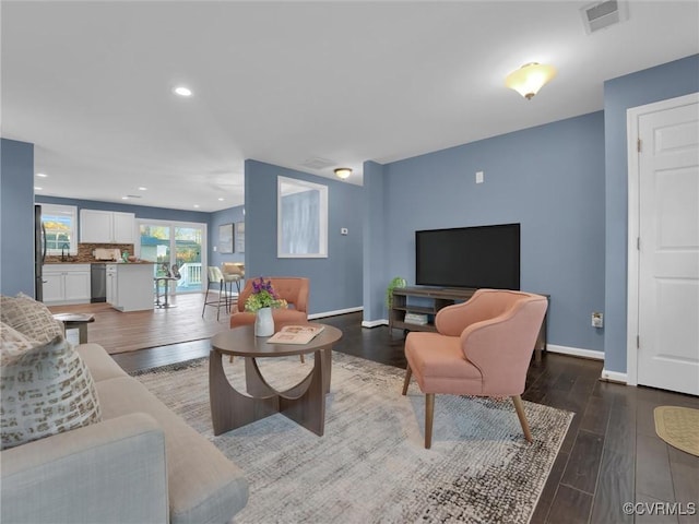 living room featuring sink and wood-type flooring