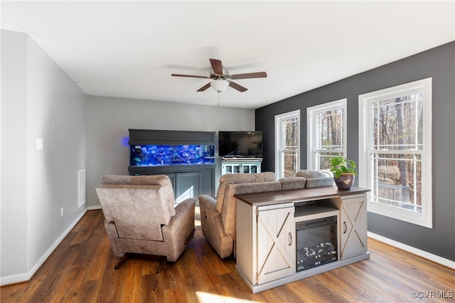 living room with hardwood / wood-style floors and ceiling fan