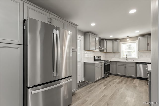 kitchen with decorative backsplash, light hardwood / wood-style floors, stainless steel appliances, sink, and gray cabinets