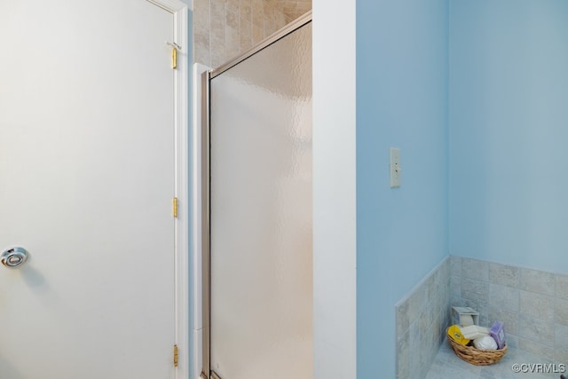 bathroom with a shower with shower door