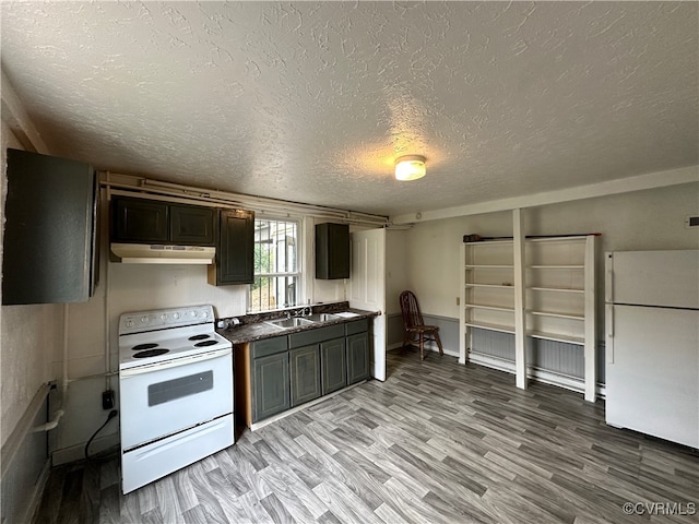 kitchen featuring light hardwood / wood-style floors, dark brown cabinetry, white appliances, and a textured ceiling