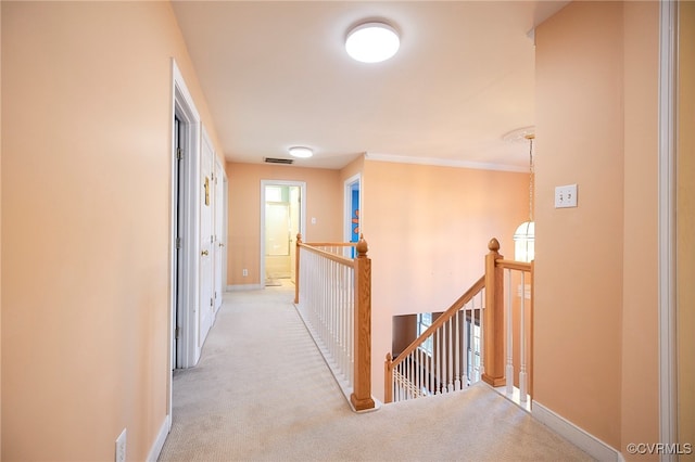 hallway featuring crown molding and light carpet