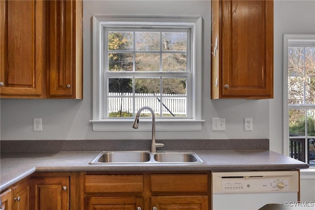 kitchen with white dishwasher, a healthy amount of sunlight, and sink